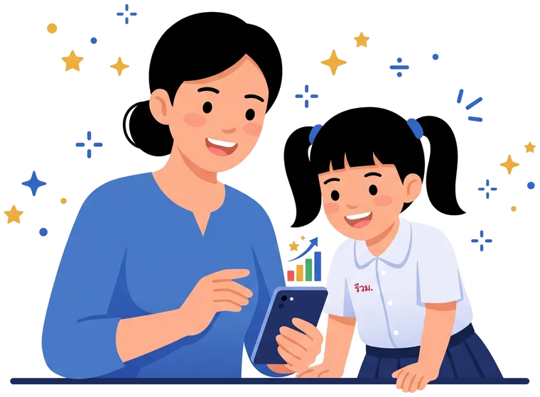 แม่และลูกดูรายงานพัฒนาการบนมือถือด้วยกัน